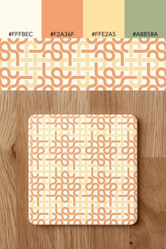 the colors one peachy-rose tile is drawn in, with their hex codes, and the tile printed on a coaster