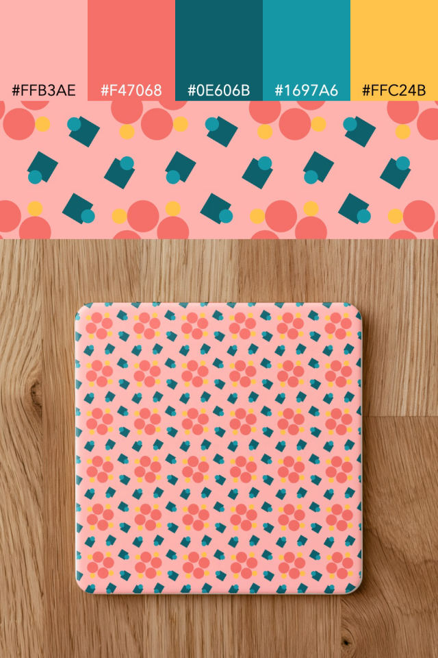 the colors one candy-floss tile is drawn in, with their hex codes, and the tile printed on a coaster