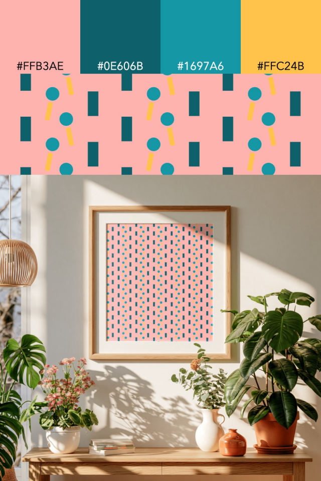 the colors one candy-floss tile is drawn in, with their hex codes, and the tile printed on a frame