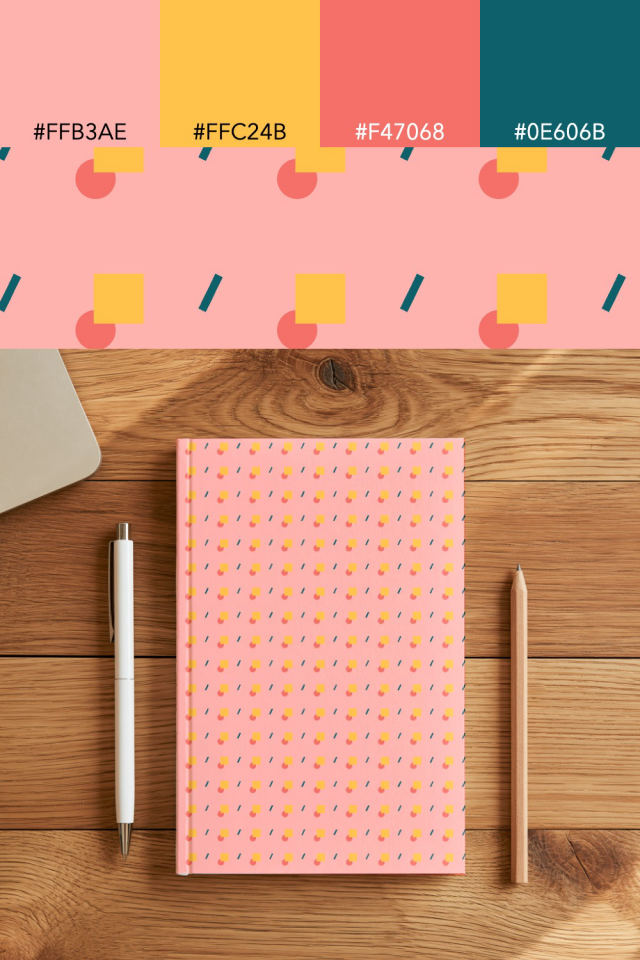the colors one candy-floss tile is drawn in, with their hex codes, and the tile printed on a notebook