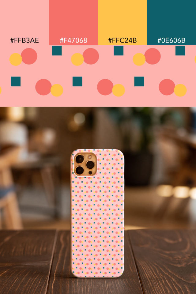 the colors one candy-floss tile is drawn in, with their hex codes, and the tile printed on a phone case