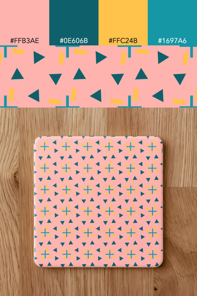 the colors one candy-floss tile is drawn in, with their hex codes, and the tile printed on a coaster