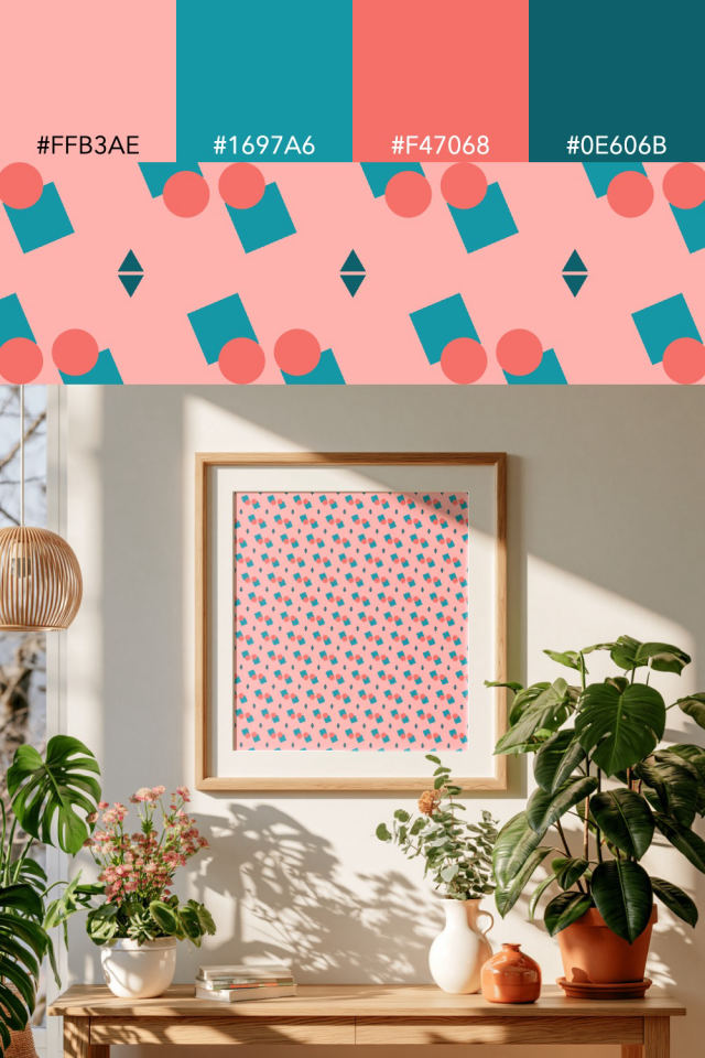 the colors one candy-floss tile is drawn in, with their hex codes, and the tile printed on a frame