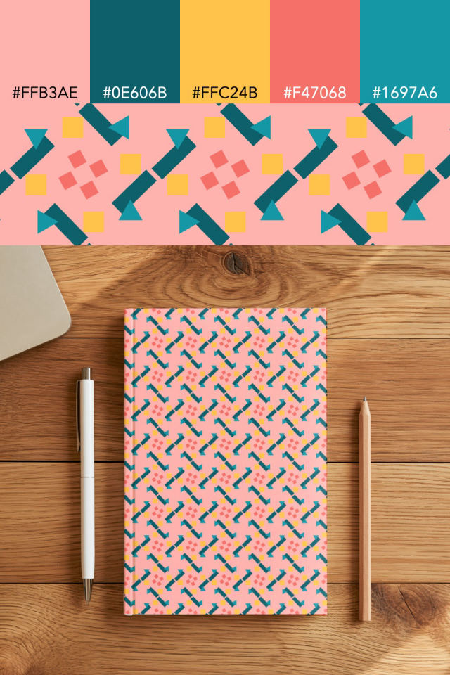 the colors one candy-floss tile is drawn in, with their hex codes, and the tile printed on a notebook
