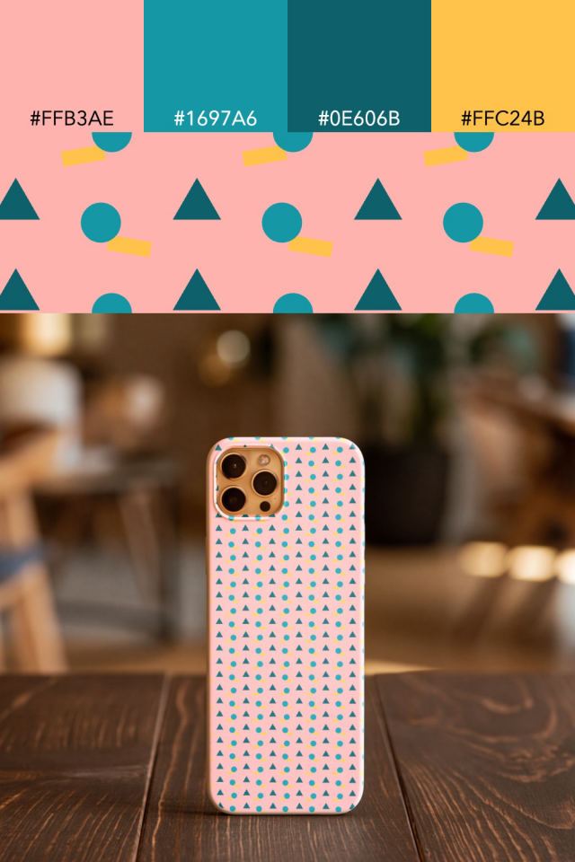 the colors one candy-floss tile is drawn in, with their hex codes, and the tile printed on a phone case