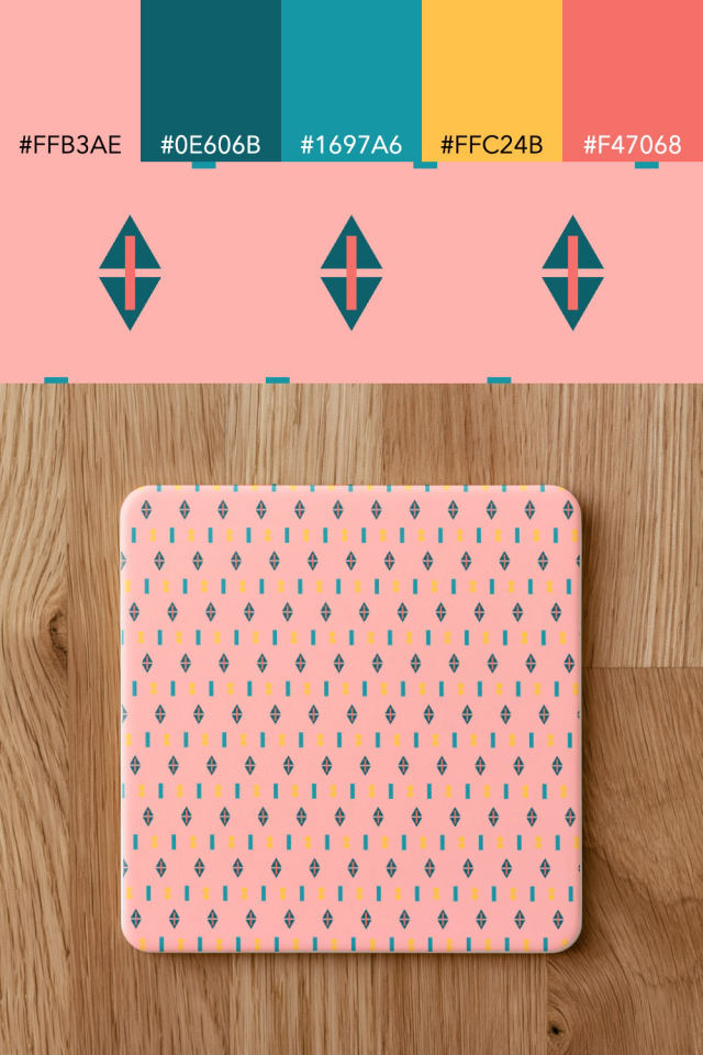 the colors one candy-floss tile is drawn in, with their hex codes, and the tile printed on a coaster