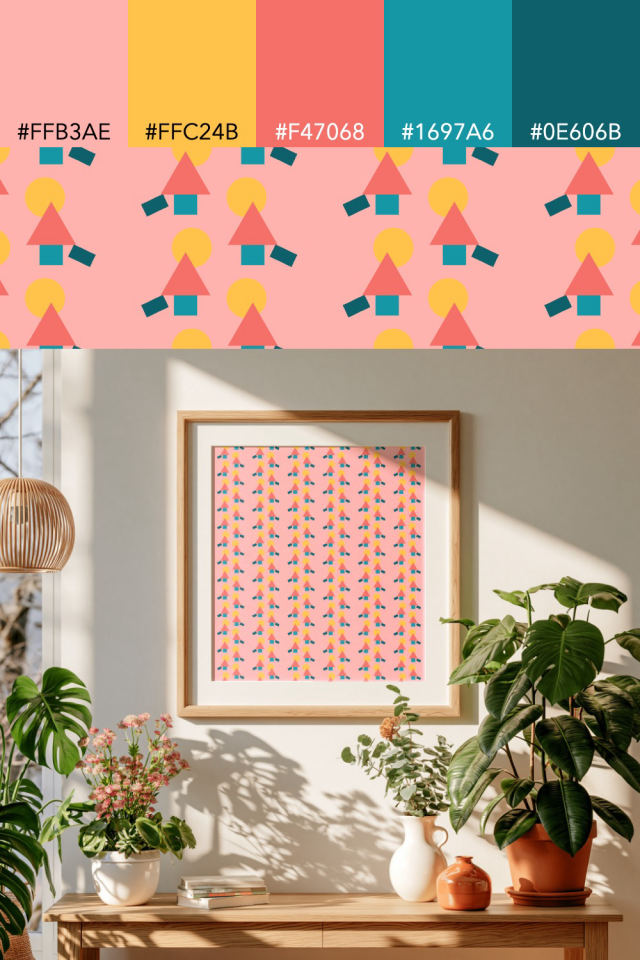 the colors one candy-floss tile is drawn in, with their hex codes, and the tile printed on a frame