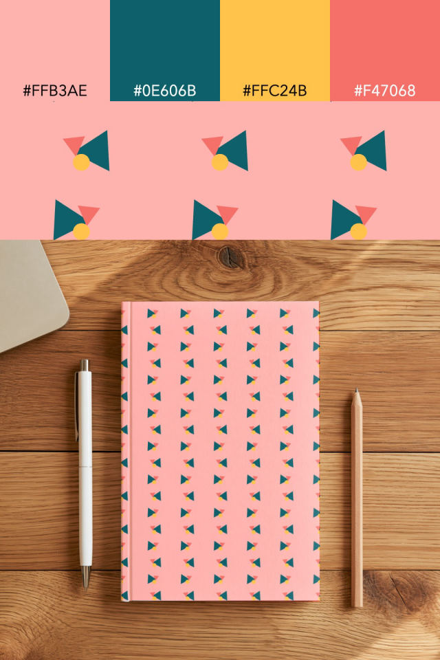 the colors one candy-floss tile is drawn in, with their hex codes, and the tile printed on a notebook