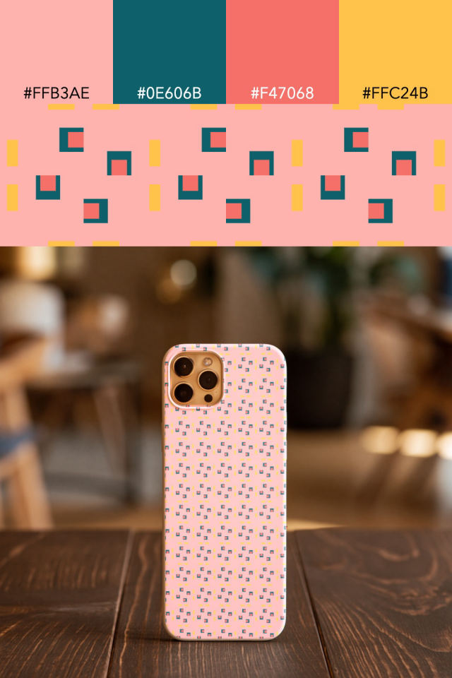 the colors one candy-floss tile is drawn in, with their hex codes, and the tile printed on a phone case