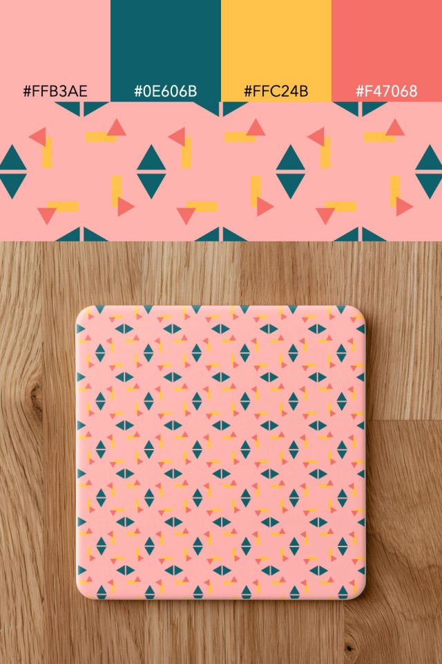 the colors one candy-floss tile is drawn in, with their hex codes, and the tile printed on a coaster