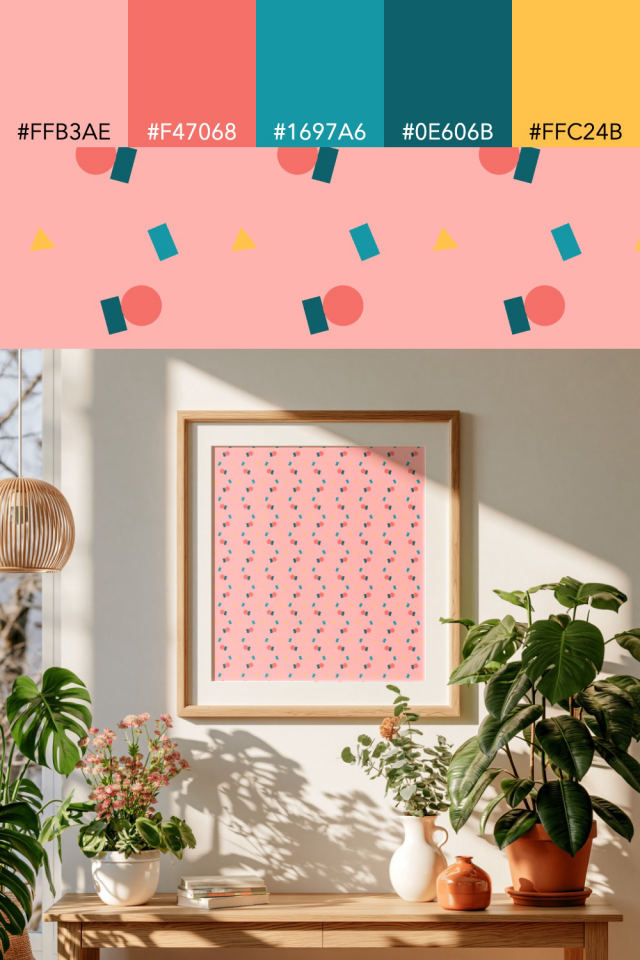 the colors one candy-floss tile is drawn in, with their hex codes, and the tile printed on a frame