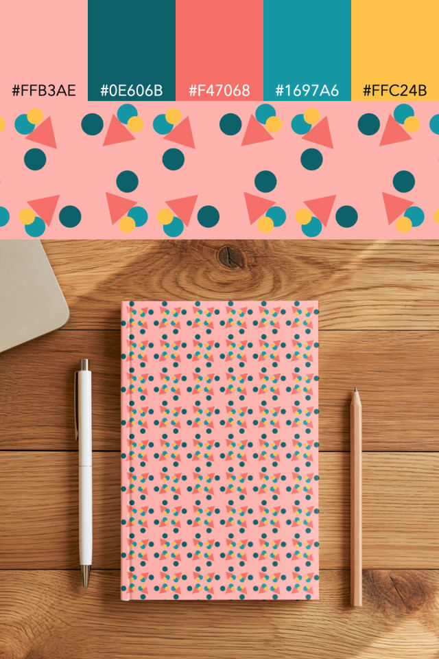 the colors one candy-floss tile is drawn in, with their hex codes, and the tile printed on a notebook