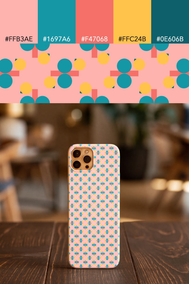the colors one candy-floss tile is drawn in, with their hex codes, and the tile printed on a phone case