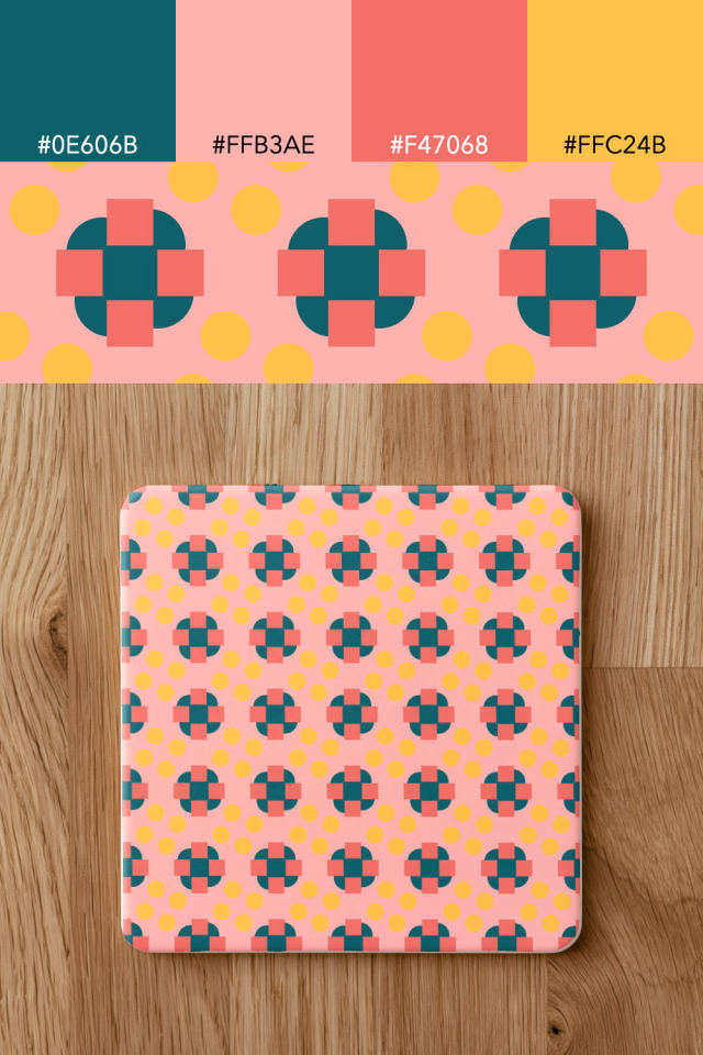 the colors one candy-floss tile is drawn in, with their hex codes, and the tile printed on a coaster
