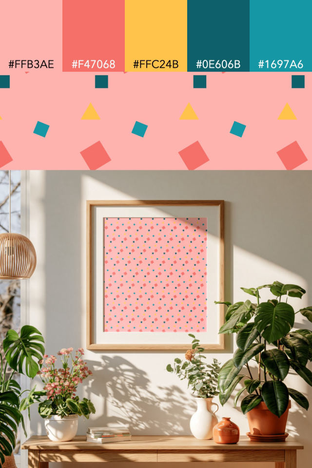 the colors one candy-floss tile is drawn in, with their hex codes, and the tile printed on a frame