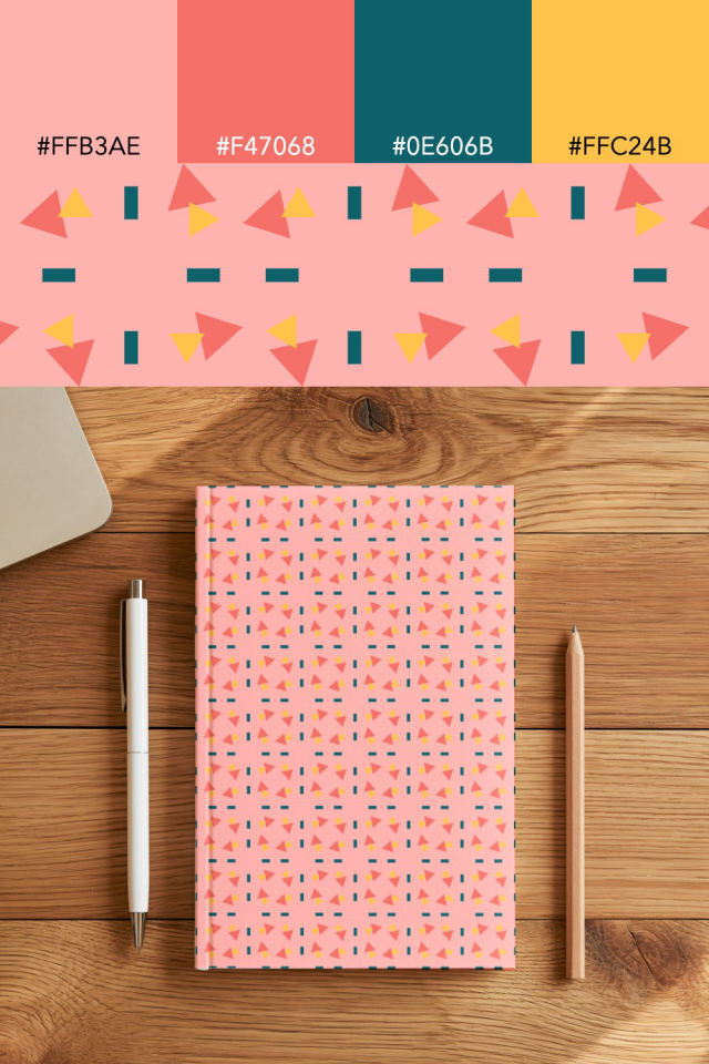 the colors one candy-floss tile is drawn in, with their hex codes, and the tile printed on a notebook