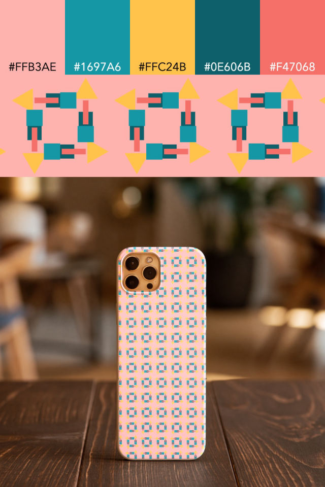the colors one candy-floss tile is drawn in, with their hex codes, and the tile printed on a phone case