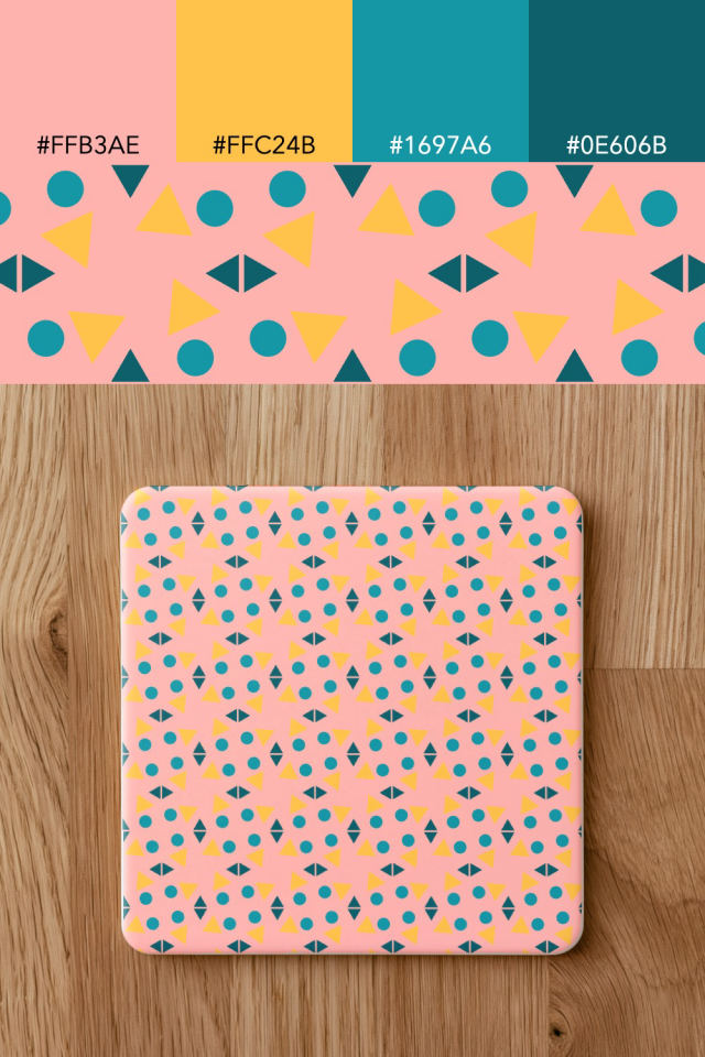 the colors one candy-floss tile is drawn in, with their hex codes, and the tile printed on a coaster