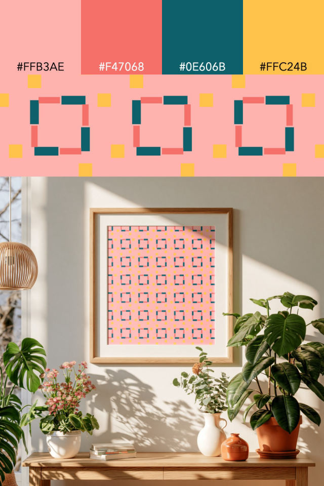 the colors one candy-floss tile is drawn in, with their hex codes, and the tile printed on a frame