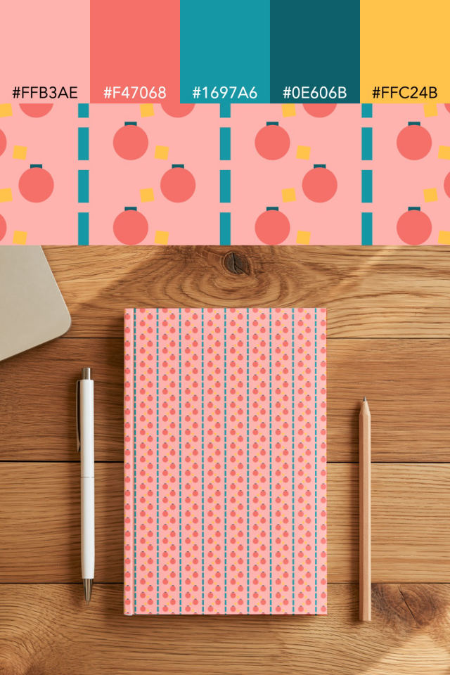 the colors one candy-floss tile is drawn in, with their hex codes, and the tile printed on a notebook