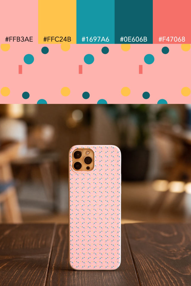 the colors one candy-floss tile is drawn in, with their hex codes, and the tile printed on a phone case