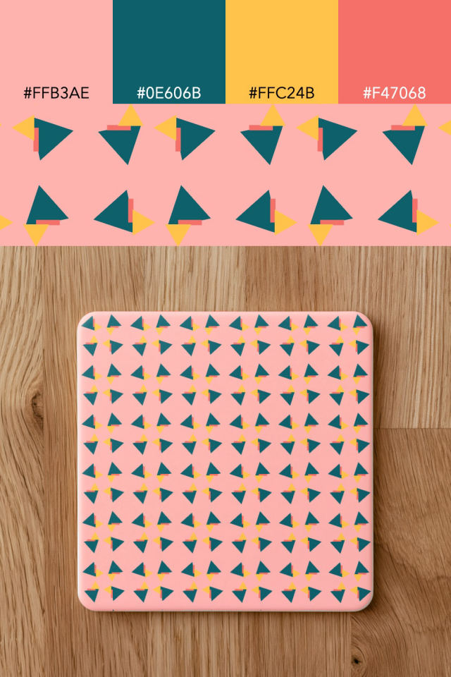 the colors one candy-floss tile is drawn in, with their hex codes, and the tile printed on a coaster