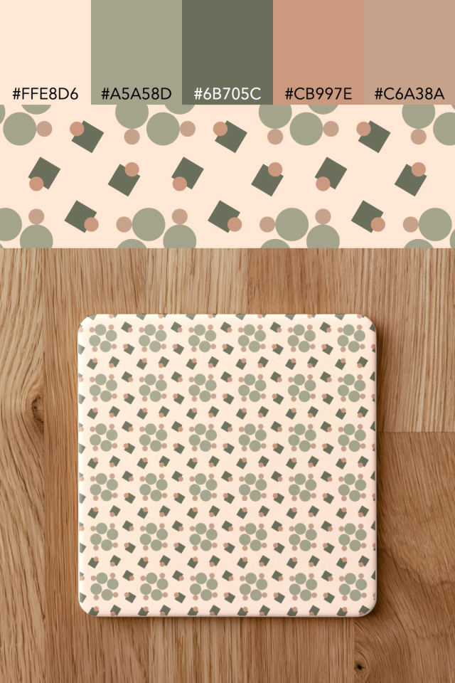 the colors one neutral-gradient tile is drawn in, with their hex codes, and the tile printed on a coaster