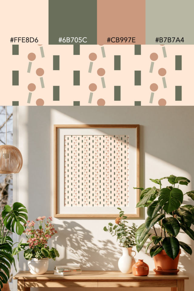 the colors one neutral-gradient tile is drawn in, with their hex codes, and the tile printed on a frame