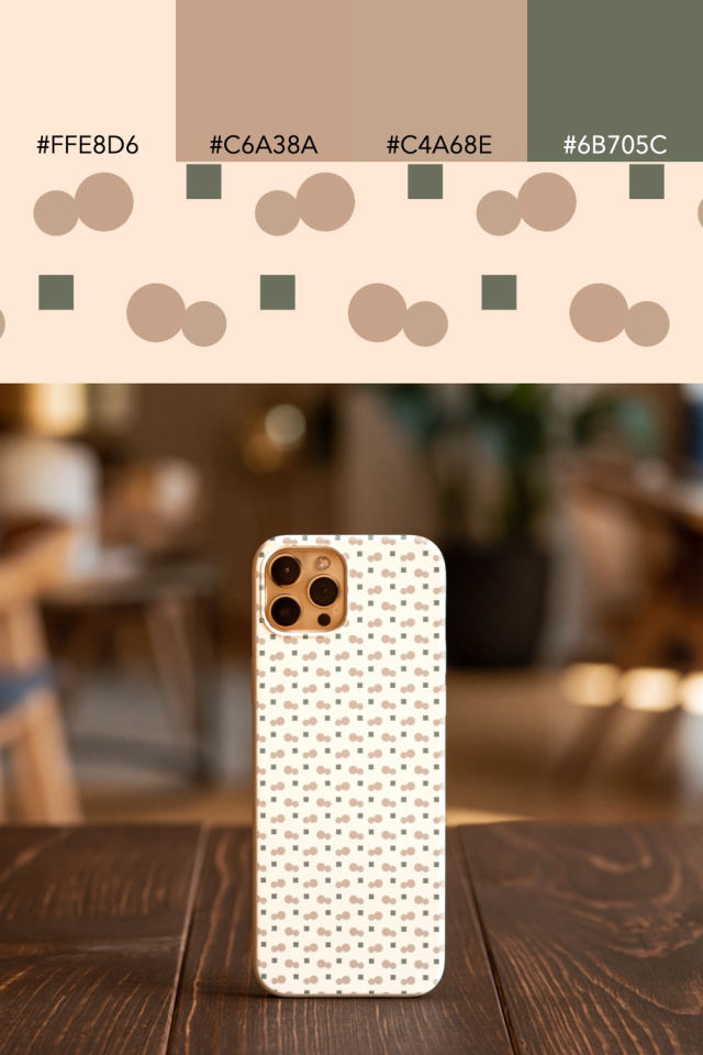 the colors one neutral-gradient tile is drawn in, with their hex codes, and the tile printed on a phone case
