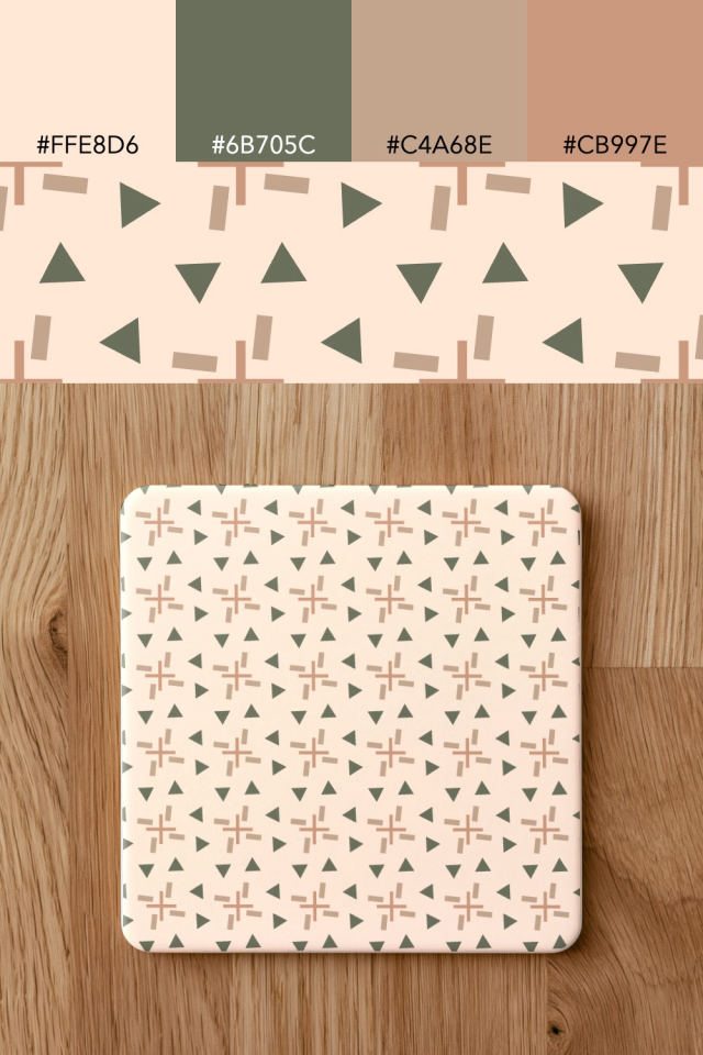 the colors one neutral-gradient tile is drawn in, with their hex codes, and the tile printed on a coaster