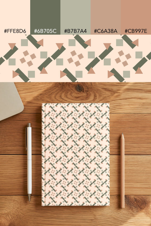 the colors one neutral-gradient tile is drawn in, with their hex codes, and the tile printed on a notebook