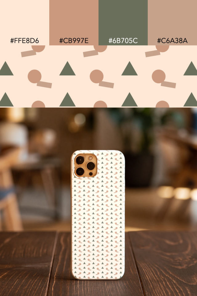 the colors one neutral-gradient tile is drawn in, with their hex codes, and the tile printed on a phone case