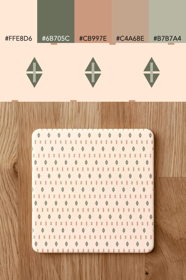 the colors one neutral-gradient tile is drawn in, with their hex codes, and the tile printed on a coaster