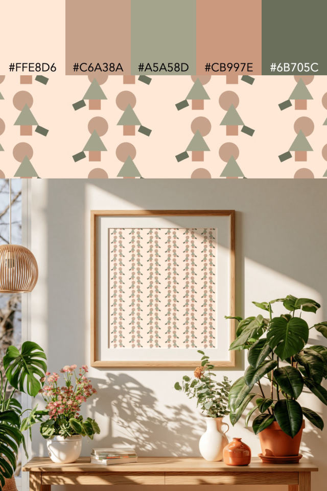 the colors one neutral-gradient tile is drawn in, with their hex codes, and the tile printed on a frame