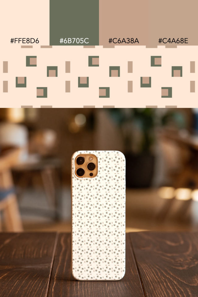 the colors one neutral-gradient tile is drawn in, with their hex codes, and the tile printed on a phone case