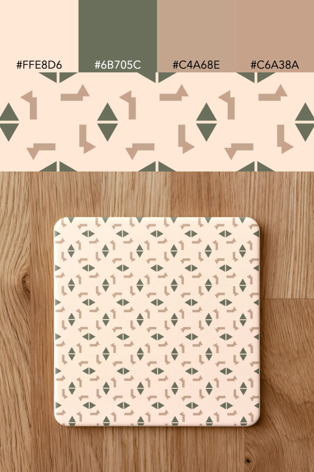 the colors one neutral-gradient tile is drawn in, with their hex codes, and the tile printed on a coaster