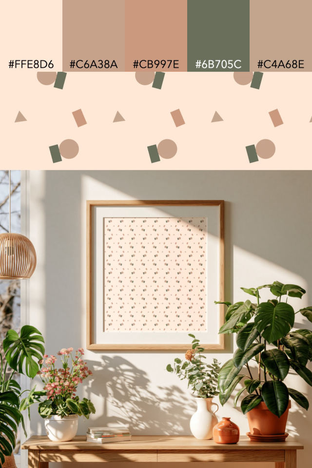 the colors one neutral-gradient tile is drawn in, with their hex codes, and the tile printed on a frame
