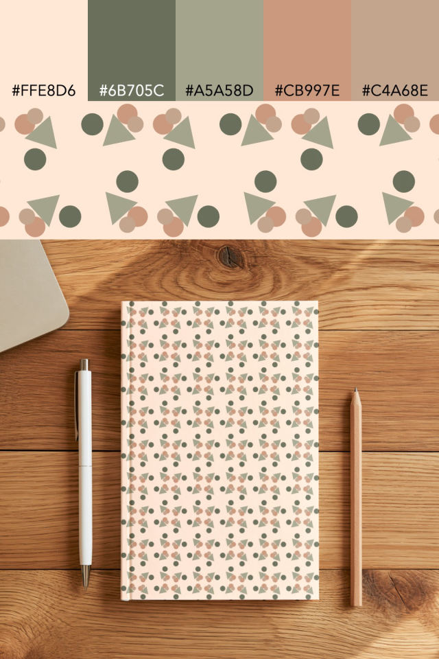 the colors one neutral-gradient tile is drawn in, with their hex codes, and the tile printed on a notebook