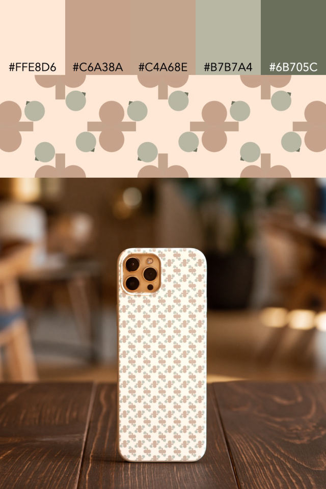 the colors one neutral-gradient tile is drawn in, with their hex codes, and the tile printed on a phone case