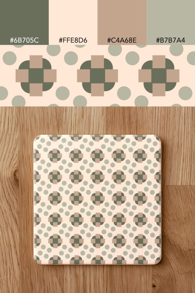the colors one neutral-gradient tile is drawn in, with their hex codes, and the tile printed on a coaster