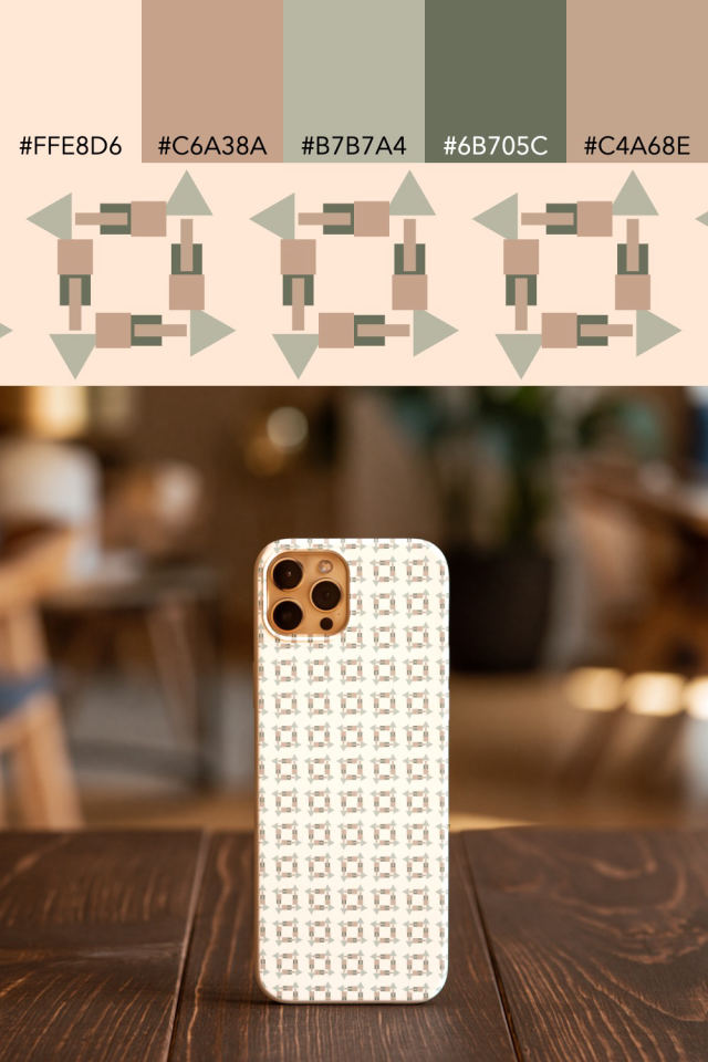the colors one neutral-gradient tile is drawn in, with their hex codes, and the tile printed on a phone case