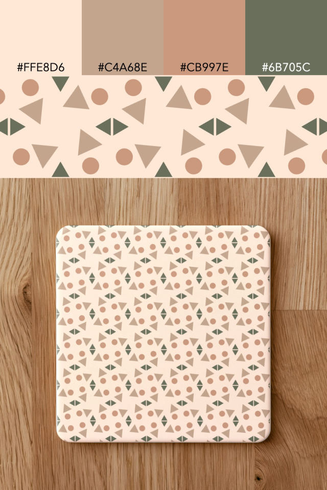 the colors one neutral-gradient tile is drawn in, with their hex codes, and the tile printed on a coaster