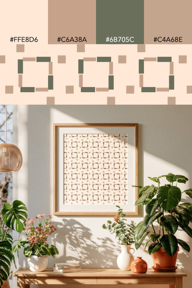 the colors one neutral-gradient tile is drawn in, with their hex codes, and the tile printed on a frame
