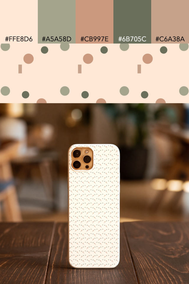 the colors one neutral-gradient tile is drawn in, with their hex codes, and the tile printed on a phone case
