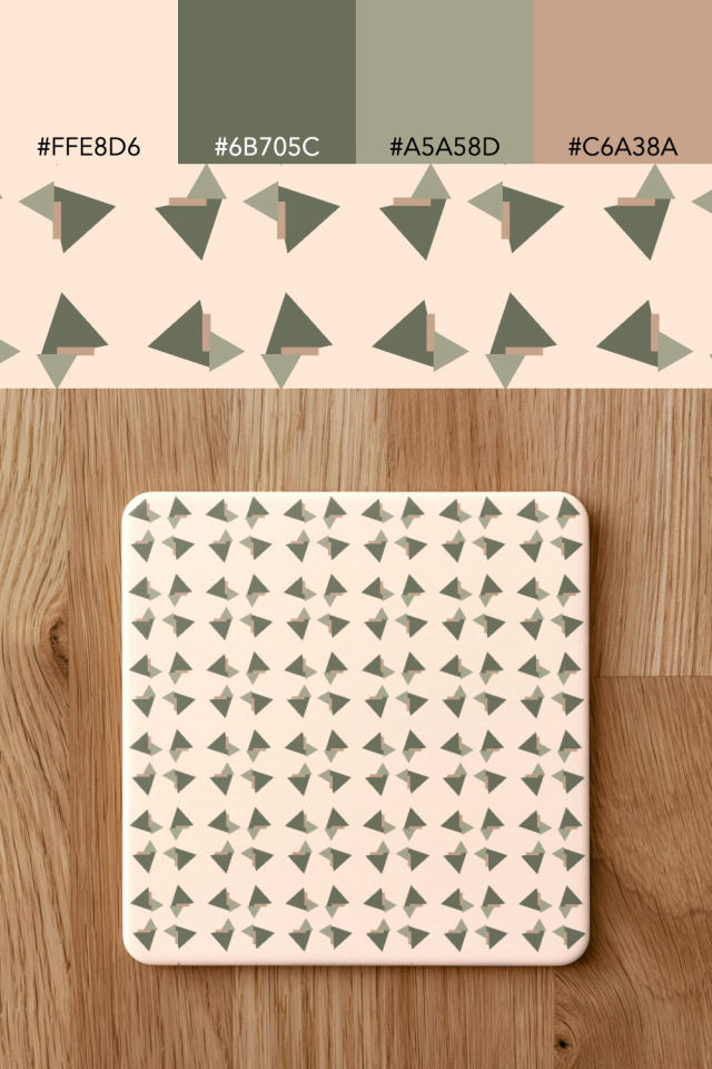 the colors one neutral-gradient tile is drawn in, with their hex codes, and the tile printed on a coaster
