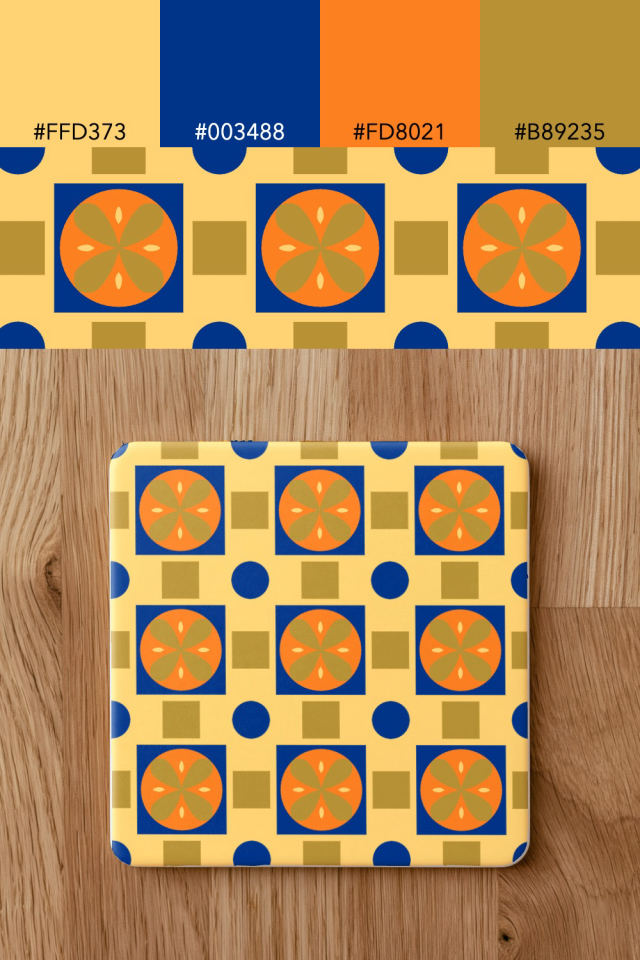 the colors one royal-sunset tile is drawn in, with their hex codes, and the tile printed on a coaster