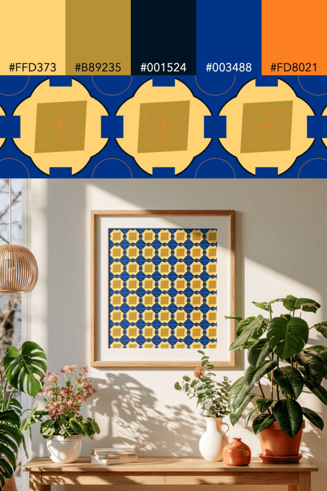 the colors one royal-sunset tile is drawn in, with their hex codes, and the tile printed on a frame