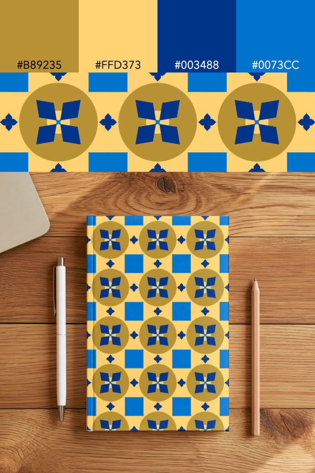 the colors one royal-sunset tile is drawn in, with their hex codes, and the tile printed on a notebook