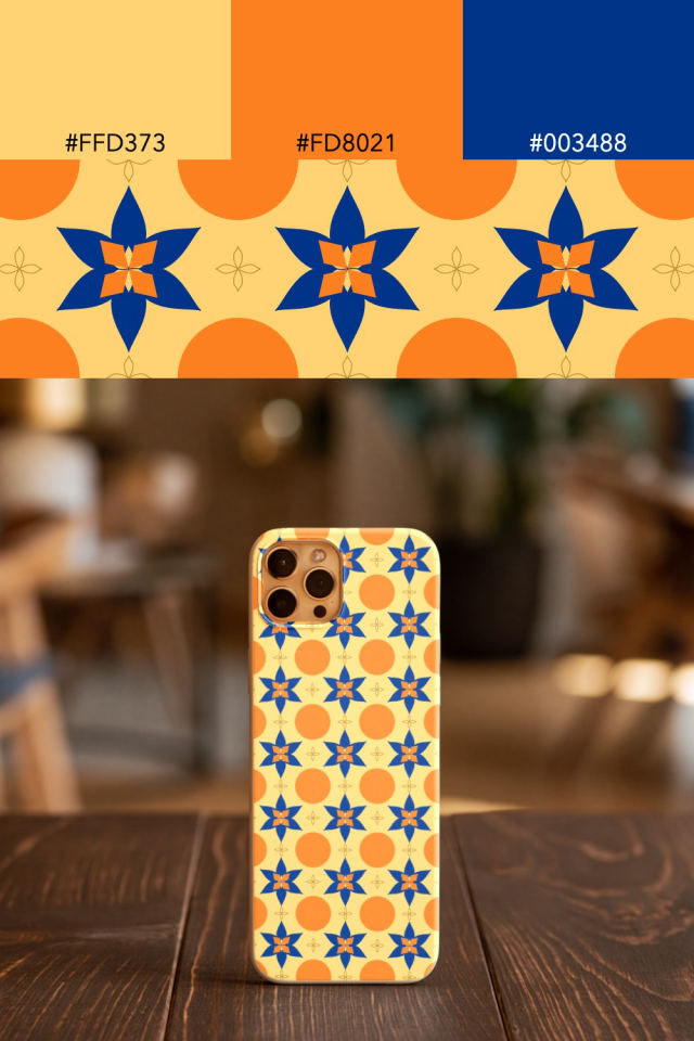 the colors one royal-sunset tile is drawn in, with their hex codes, and the tile printed on a phone case