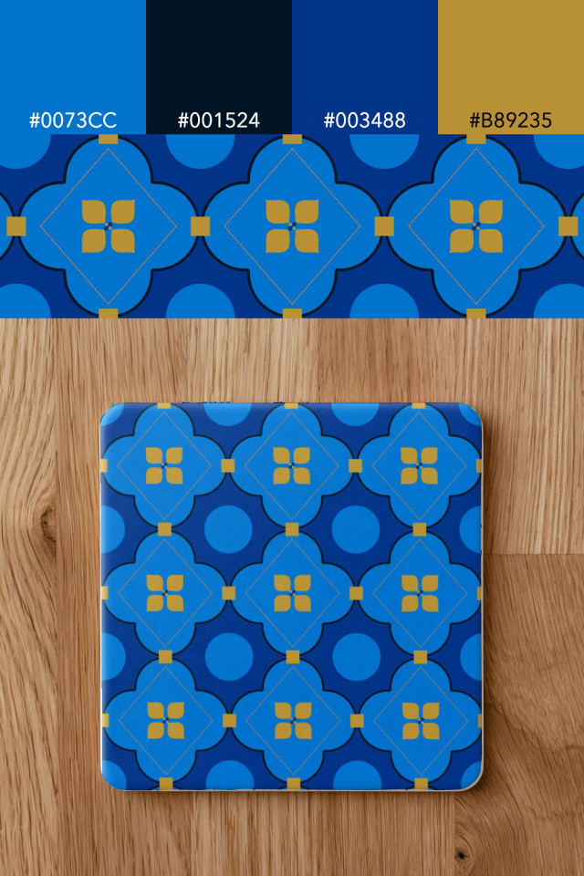 the colors one royal-sunset tile is drawn in, with their hex codes, and the tile printed on a coaster
